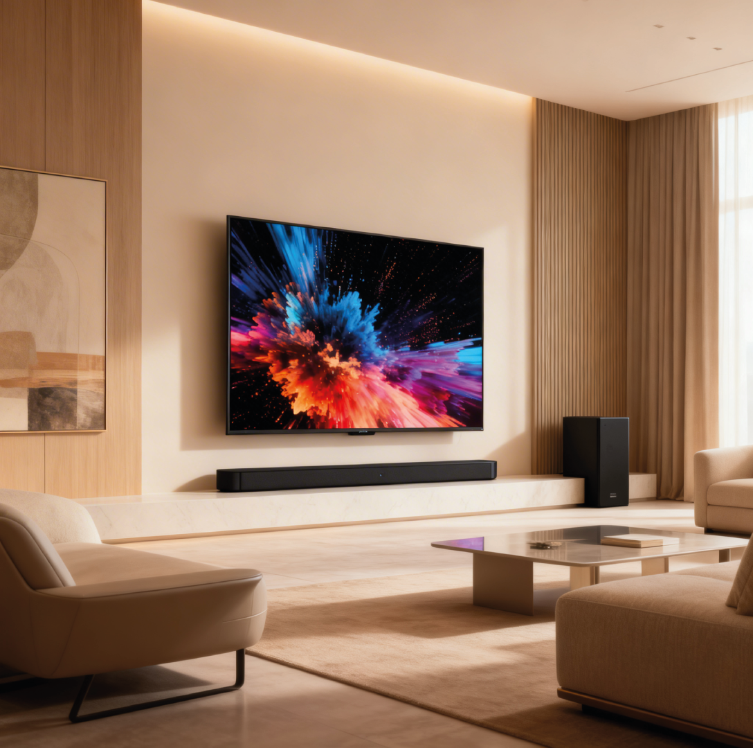 Barra de sonido Samsung junto al Smart TV — ecosistema de audio completo