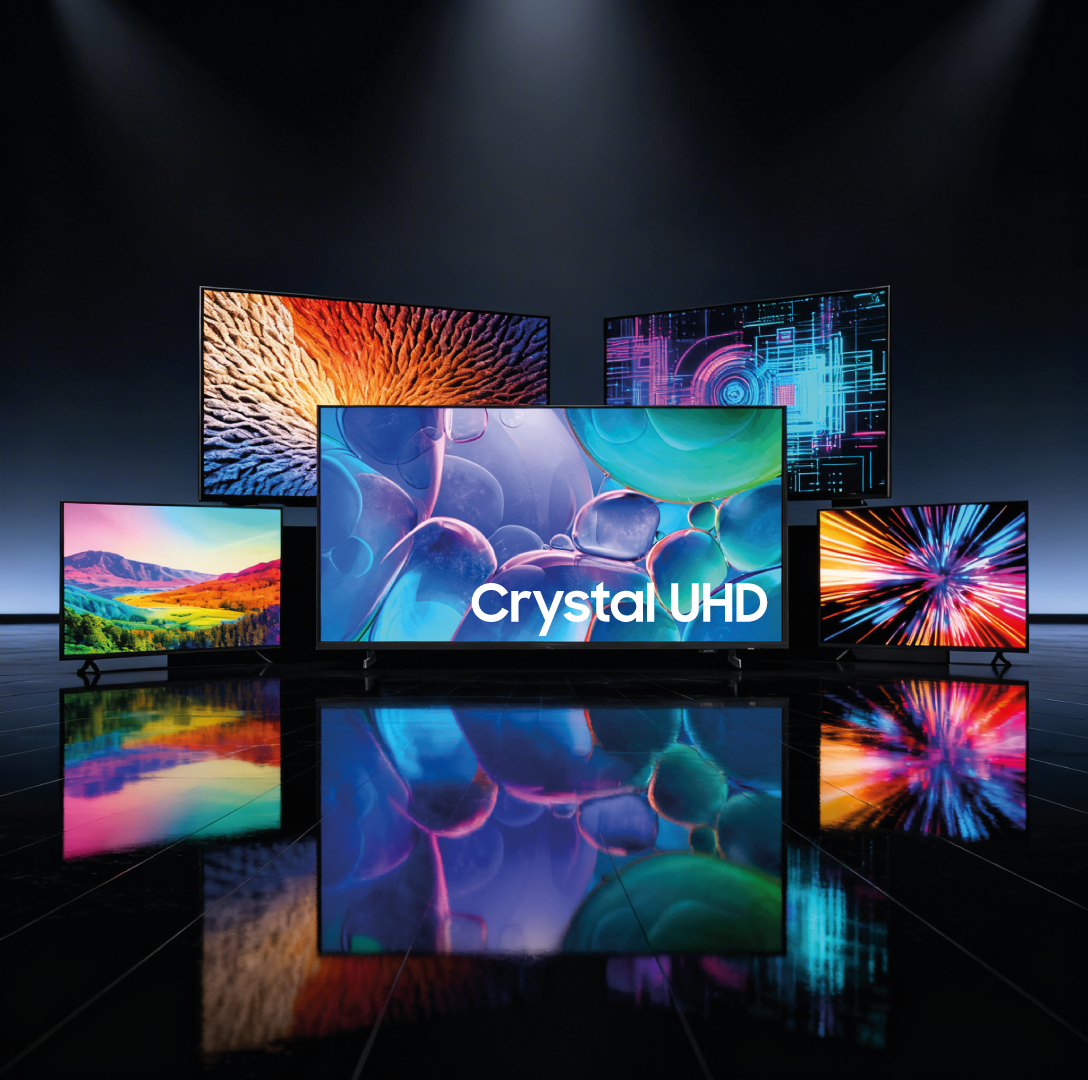 Samsung Crystal UHD encendido — imagen 4K nítida en sala