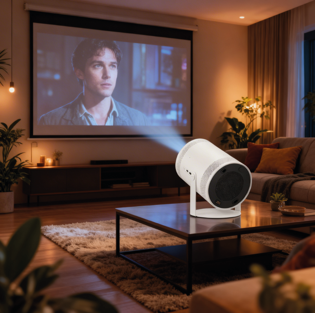 Samsung The Freestyle proyectando en pared — cine portátil en cualquier lugar
