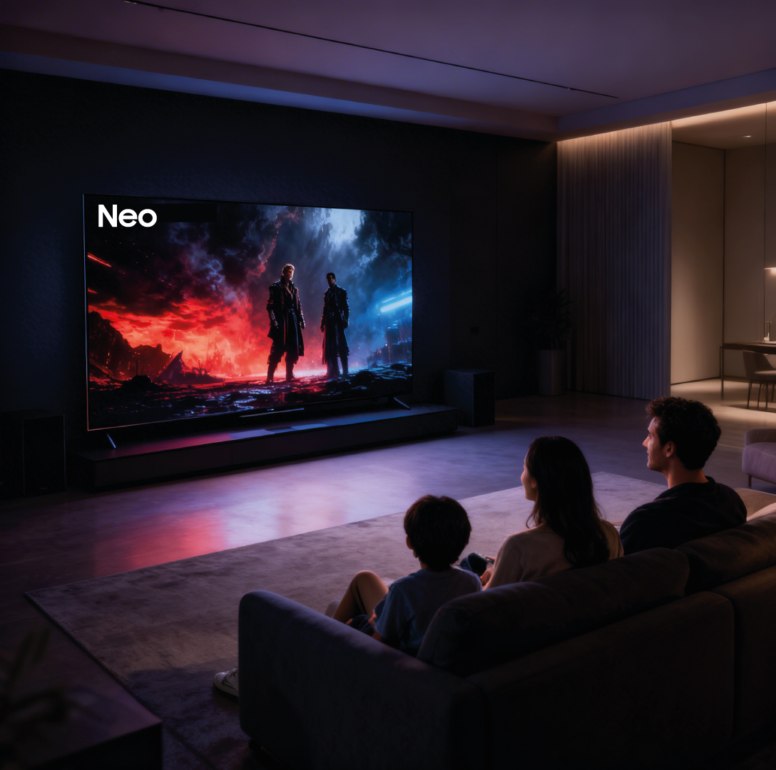 Familia disfrutando Smart TV Samsung en sala — experiencia cine en casa