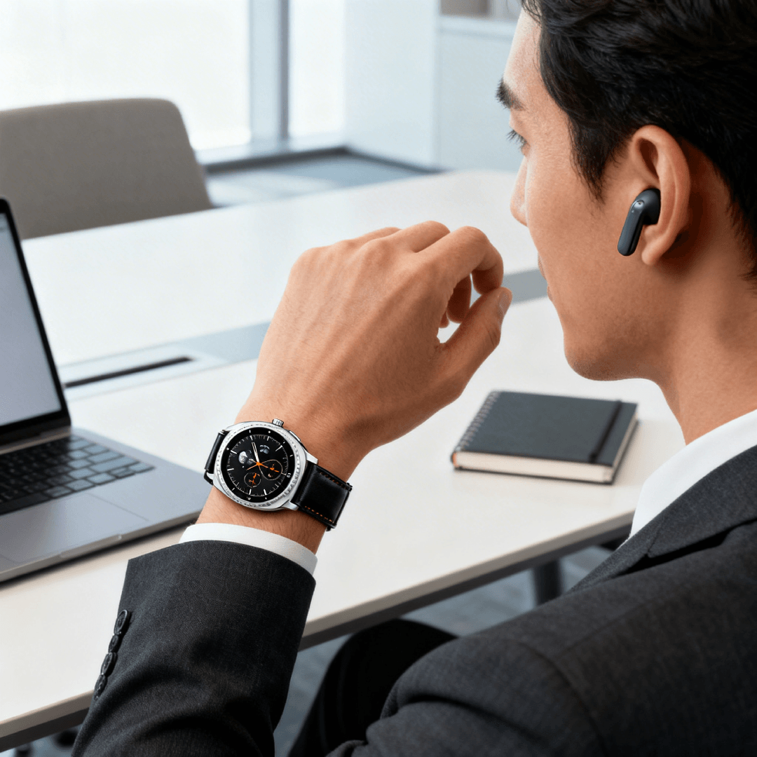 Persona usando Galaxy Watch8 y Buds4 Pro en contexto profesional