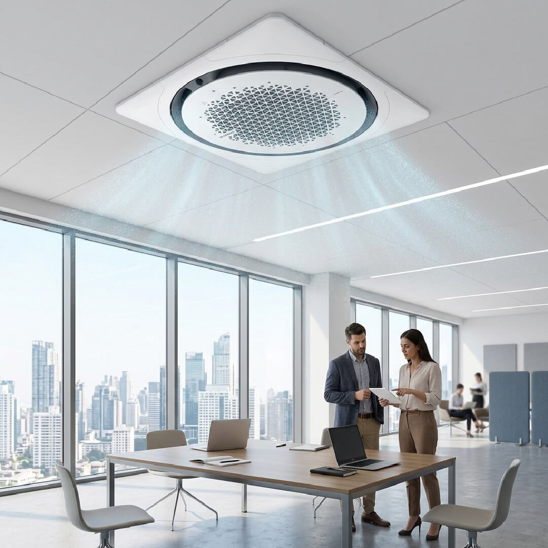 Samsung WindFree 360 Cassette instalado en techo — distribución de aire en todas las direcciones