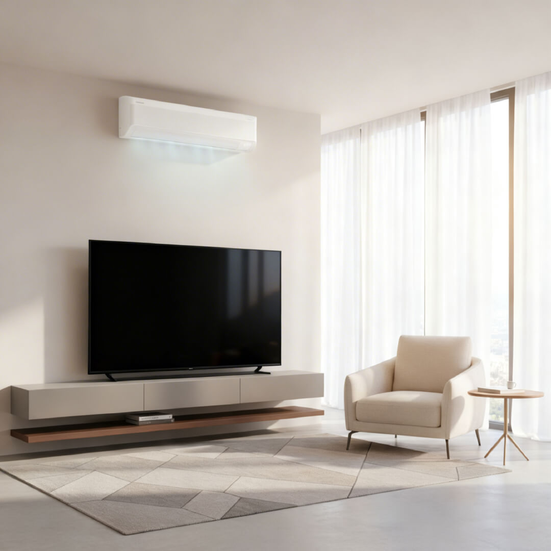 Samsung WindFree instalado en sala de hogar en Medellín — clima ideal sin corriente directa